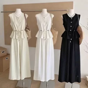 Đồ Bộ Nữ,Áo Nữ Sát Nách Rút Eo Phối Quần Ống Rộng Nữ Cạp Chun