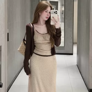 bộ 3 món nữ chân váy maxi dài xòe bồng áo hai dây ôm kèm áo khoác cardigan mỏng