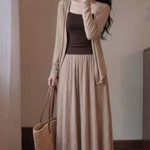 bộ 3 món nữ chân váy maxi dài xòe bồng áo hai dây ôm kèm áo khoác cardigan mỏng